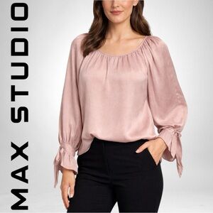 MAX STUDIO Textured Satin Boho Tunic Blouse In Mauve Billowy 3/4 Sleeves XLarge